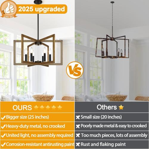 25-61 Height Adjustable Retro Wood Texture Chandelier for Dining Room, No Assembly Required Dining Room Light Fixture Over Table, Industrial Metal Pendant Lights Fixture for Kitchen Island