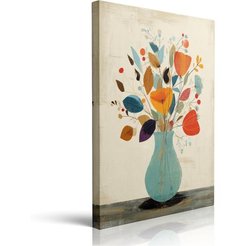 Abstract Floral Canvas Wall Art Framed Colorful Vase Home Decor 12x16 Inch