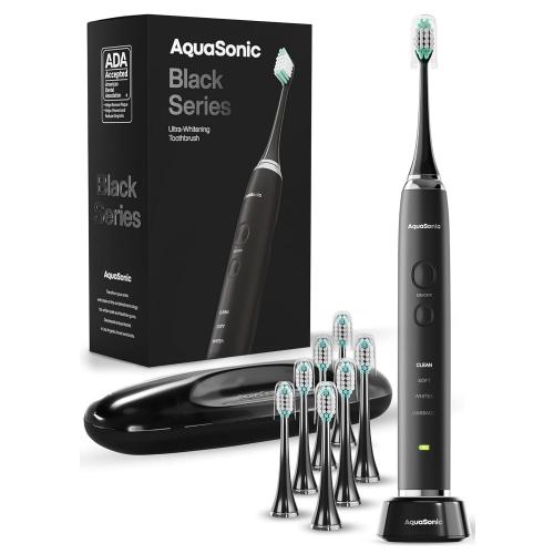 Aquasonic Black Series Ultra Whitening Toothbrush – ADA Accepted Electric Toothbrush- 8 Brush Heads & Travel Case – 40,000 VPM Electric Motor & Wireless Charging - 4 Modes w Smart Timer