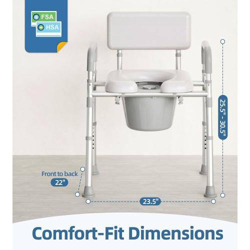 Bedside Commode with Padded Seat and Backrest, Aluminum Commode Toilet with Bucket, Easy Cleaning Portable Toilet for Adults and Seniors, 350 lb Capacity Enhanced Crossbar