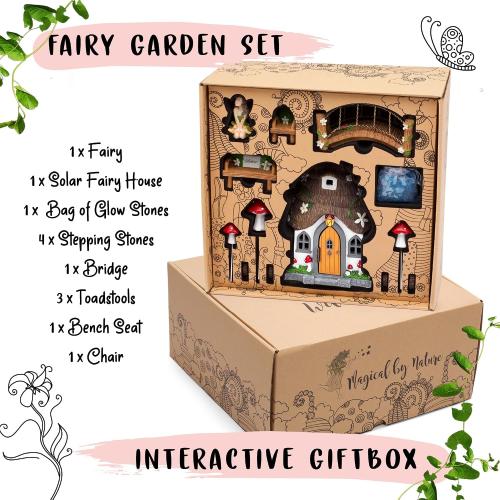 WILD PIXY Fairy Garden Kit - 13 Piece Glow in The Dark Accessories with 7.1 Outdoor Fairy House with Opening Door and Solar LED Light, Garden Door for Trees, Stones, Indoor/Outdoor Decor