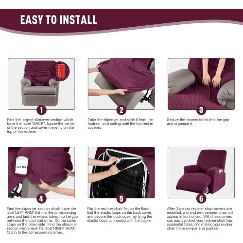 KinCam Recliner Covers, Stretch Reclining Chair Covers, Recliner Sofa Slipcovers Stripe Jacquard Recliner Couch Covers Furniture Protector Covers for Pet Kid (1 Seater, Burgundy)