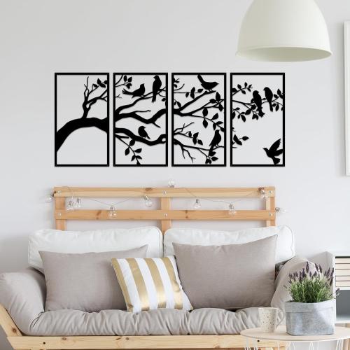 ruelen Wall Decor 4 Pieces Large Metal Birds and Branch Wall Art, Tree of Life Metal Wall Art, Black Leaves with Birds Silhouette Hanging Wall Sculpture For Indoor Home Bedroom Living Room Outdoor Branch Rectangular Large