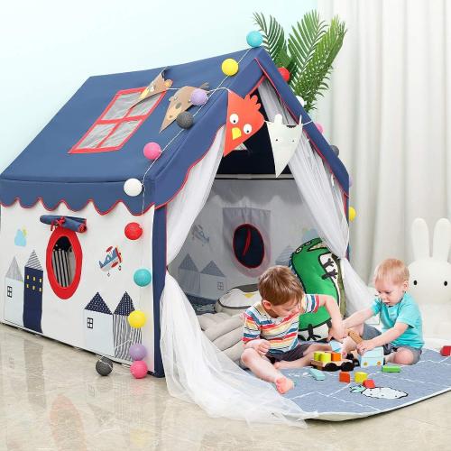 Kids Tents Indoor Playhouses Boys 9.9Ft Star String Lights Blue Tent for Upgraded Large and Longer Curtain with Colorful Accessories Decoration 50.4 x 47.3