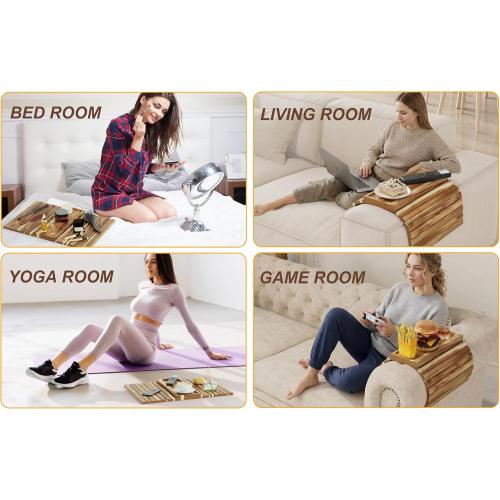 ZUJJAFY Sofa Arm Tray, Acacia Wood Folding Couch Armrest Table, Anti-Falling Armrest Tables Cup Holder for Snacks, Drinks, Beers, Phone, Control, Flexible and Portable, Anti-Slip Bottom