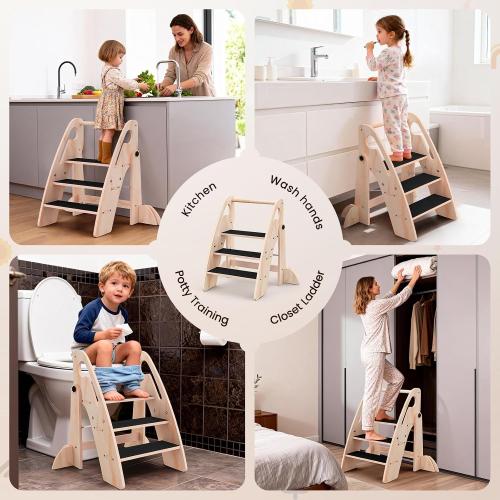 Toddler Step Stool, Wooden Foldable 3-Step Stool for Kids, Potty Training Stool with Handles and Non-Slip Strips for Bathroom Sink, Kitchen, Bedroom