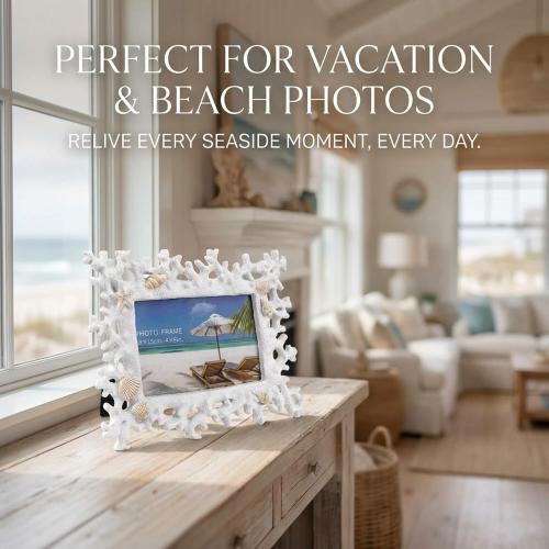 4x6 Coral Shell Picture Frame, White Resin Beach Decor