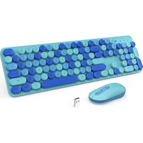 Wireless Keyboard and Mouse, LIZRROT Silent Keyboard Mouse Combo, Full-Sized Colorful Typewriter Keyboard with Round Keycaps, 2.4G Cute Mouse Compatible with PC/Laptop/Computer(Blue)