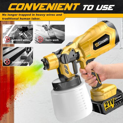 Gisam Cordless HVLP Paint Sprayer | Brushless Motor, 2×4000mAh Batteries, 5 Brass Nozzles | Electric Paint Sprayer for House Furniture Fence DIY Projects