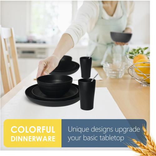 Teivio 72-Piece Kitchen Plastic Wheat Straw Dinnerware Sets for 6, Dinner Plates, Plates and Bowls Sets,Cups, Flatware, Sauce Dish,Dishwasher Safe, Unbreakable Apartment RV Camping Dishes, Black
