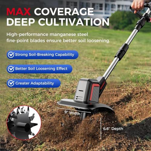Cordless Tiller Cultivator 9 Width 6.6 Depth, 2×4.0Ah Batteries | 48 Steel Tines, 360RPM, Lightweight Battery Powered Small Garden Rototiller for Lawn Gardening Soil Cultivation
