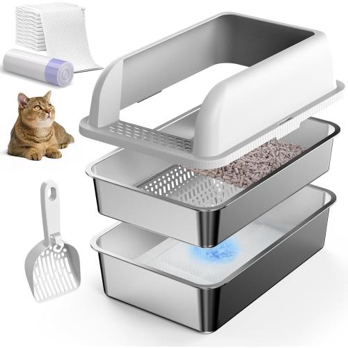 23.6''x16''x12'' Enclosed Stainless Steel Litter Box with Lid, XL Sifting Litter Box for Pine Pellets, High Sides Metal Litter Box System for Big Cats, Anti-Leakage, Easy Cleaning, Less Tracking