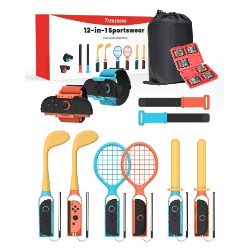 TRANSNOVO 12 in 1 Switch 2 Sports Accessories Bundle 2025 Compatible with Nintendo Switch 1/Switch OLED/Switch 2 Wii Sports Games, Family Party Accessories Kit for Joycon Controllers - With Carry Bag