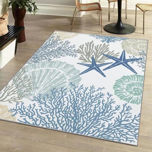 Tritard Coastal Area Rugs Nautical Beach Themed Non-Slip Machine Washable Rugs Modern Floor Carpet for Living Room Bedroom, 6x9, Blue