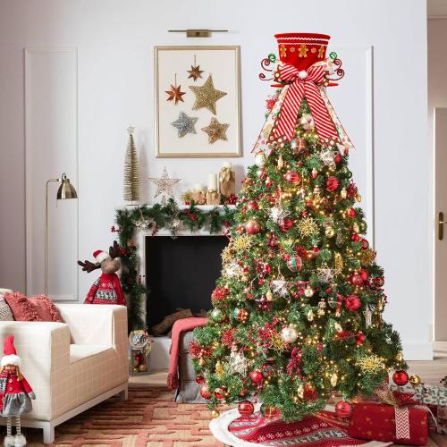 Gingerbread Christmas Decorations Indoor, Red Velvet Christmas Tree Top Hat with Gingerbread Man Motif, Baking-Themed Gingerbread Man Tree Tooper Hat Decor, Candy Cane Christmas Decorations