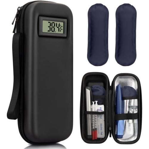 Insulin Cooler Travel Case TSA Approved Medication Cooler for Travel with ℉Thermometer Temperature Display, Diabetic Travel Case with 2 Reusable Ice Packs for Daily & Trip(Black)