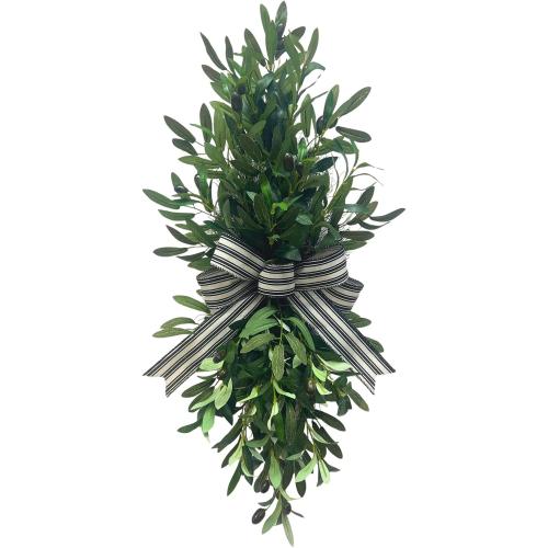 Svndlyn 26 Inch Lighted Olive Leaf Swag with Timer and Striped Bow
