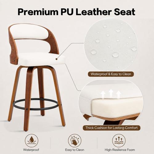 26 Swivel Upholstered Counter Height Bar Stools Set of 2 with Back, Cream