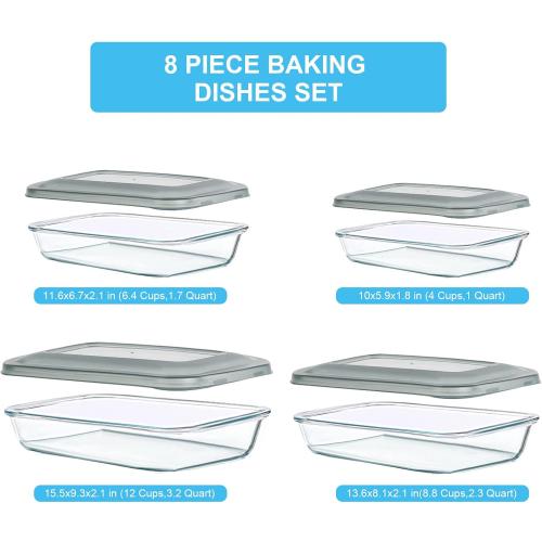 KOMUEE 8 Pieces Glass Baking Dish with Lids, Gray