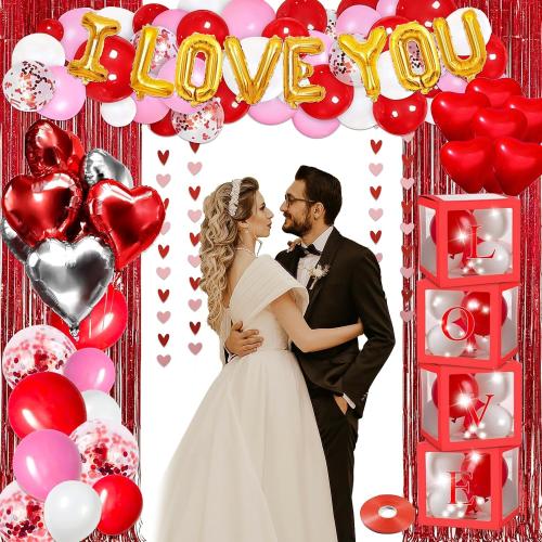 Guudmua 90Pcs Valentines Day Decor Kit, Happy Anniversary Decorations - 4 Pcs Balloon Boxes, Balloon Garland, Multi Decorations For Romantic Decors Special Night