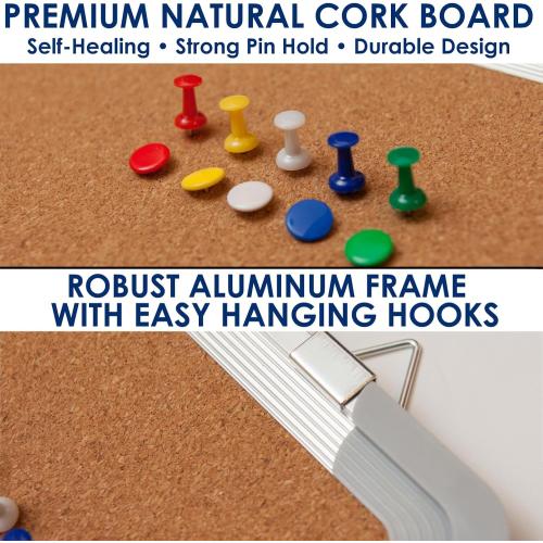 Cork Board 24x18 in, Framed Wall Hanging Bulletin Board with 10 Thumb Tacks | Thumb Tack Board, Pin Board for Wall, Corkboard Message Memo Notice Board with Hooks for Home, Office, Desk and Cubicle