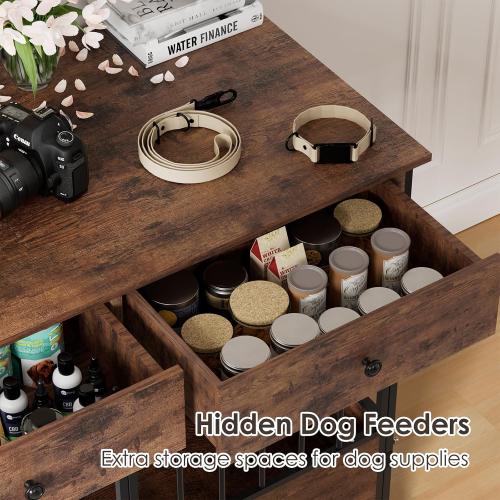 44.5 Dog Crate Furniture, Wooden Dog Kennel with Storage Drawers, Large Dog Cage with Wheels, Heavy Duty Wooden Dog Crate End Table with Steel Tubes for Big Breed