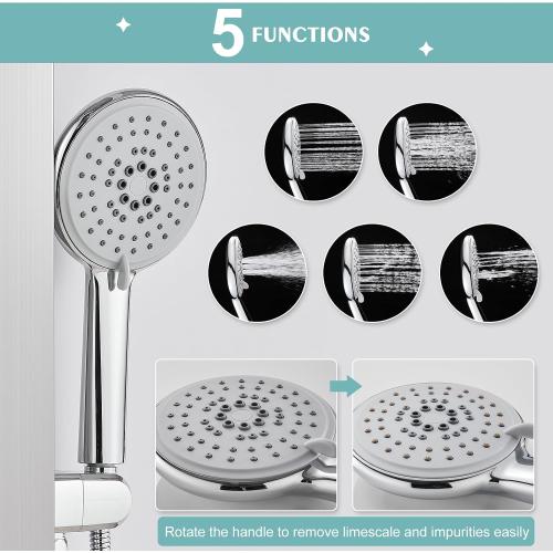 Rainfall Shower Panel Tower - 5 in 1 Full Body Shower, Brushed | Stainless Steel Shower Column with 2 Powerful Body Jets, Handheld and Tub Spout, Brass Valves, Adjustable Shower Head