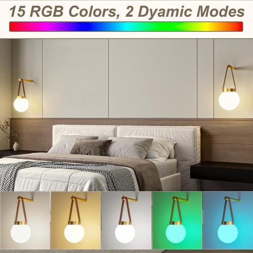 Battery Operated Wall Sconces Set of 2, Gold Wall Lamps for Bedroom with Remote Control Warm/Natural/Daylight/RGB 15 Colors Dimmable Rechargeable Wireless Globe Wall Lights Retro Living Room Hallway