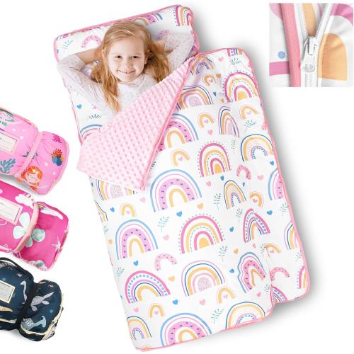 Primlect Toddler Nap Mat Extra Large Thickened 55''x35'', Soft Sleeping Bag with Detachable Minky Blanket and Pillow, Portable for Daycare, Preschool, Kindergarten, Travel, Boys and Girls