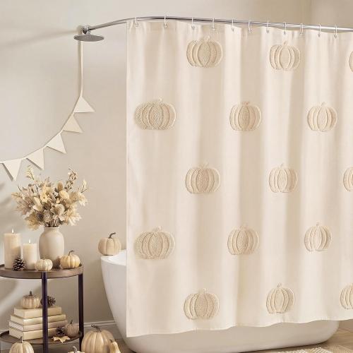 Beige Fall Pumpkin Shower Curtain for Bathroom 3D Tufted Embroidery Design