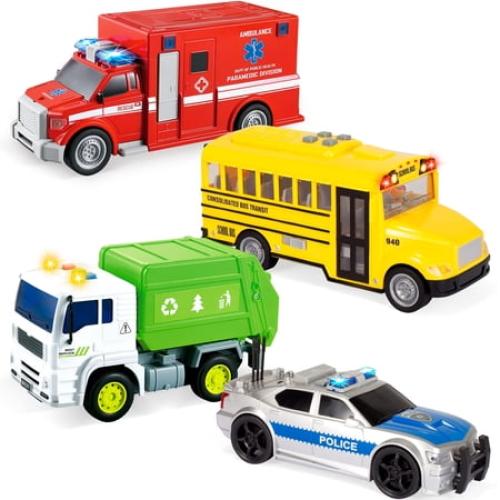 JOYIN 4 Pcs 7 Long Vehicle Toy Set, Toddlers Cars with Lights and Siren Sound,Birthday Party Gifts Toys for Boys 3-5