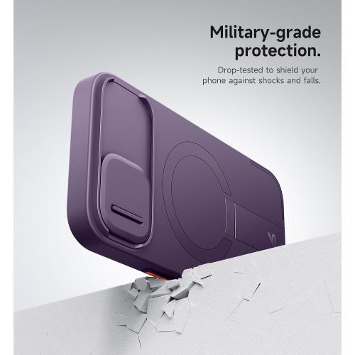 SURITCH for iPhone 15 Case with Magnetic Camera Slide Cover and Adjustable Kickstand, Compatible with MagSafe, Shockproof Bumper Case Slim Protective Cover 6.1 Inch, Dark Purple