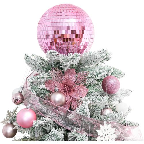 Pink Christmas Tree Topper 6 Inch Mirror Disco Ball Tree Topper, Cool and Fun Disco Ball for Xmas Tree Decorations, Ideal for DJ Club, Party, Wedding and Home Décor