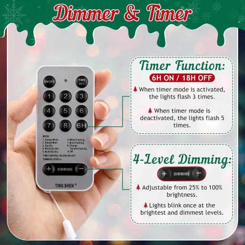 Meonum 1/2 inch Plug Extension Cord for Christmas Tree Lights, Hand Switch with 9 Light Modes Remote, Dimmable, Timer, 15 ft Power Cord Push Button Compatible with TS-8W29V TS-13W29V to TS-48W29V