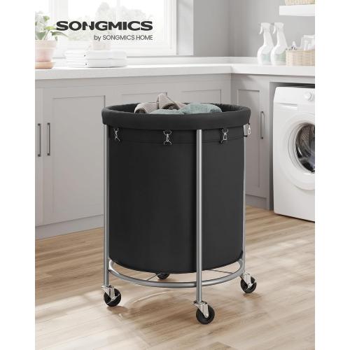 SONGMICS 50.2-Gallon (190 L) Laundry Basket with Wheels, Rolling Round Heavy-Duty Laundry Hamper Cart with Steel Frame and Removable Bag, 2 Locking Wheels, Ink Black and Metallic Silver URLS001B01