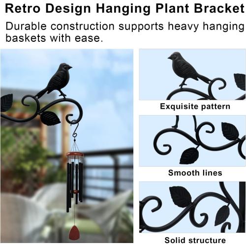 JIALAI HOME Hanging Plants Bracket 12 Bird Planter Outdoor Hooks Hangers for Flower Baskets Pot Bird Feeder Wind Chimes Lanterns Patio Garden Outdoor Indoor Metal Black, 4 Packs