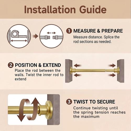 BRIOFOX Gold Tension Curtain Rod 24 to 50 Inch(2-4.1ft) - Spring Tension Shower Curtain Rod, No Drilling Brass Gold Tension Rod for Curtains Windows Closet Kitchen
