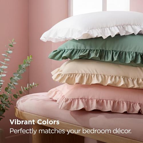 Bedsure Ruffle Pillow Cases Standard Size Set of 2, Beige Pillow Shams | 2.7 French Ruffles, Distressed Vintage Shams, Envelope Closure, Double-brushed Microfiber, 20 x 26, Wrinkle Fade Resistant