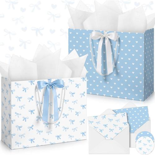 Silkfly 2 Pack 13'' Large Blue Baby Shower Paper Gift Bag with Bow Ribbon