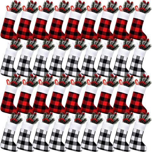 Skylety 24 Pcs Christmas Stockings Bulk Mini Xmas Buffalo Plaid Stocking Plush Cuff Hanging Decorations for Holiday Party Favors