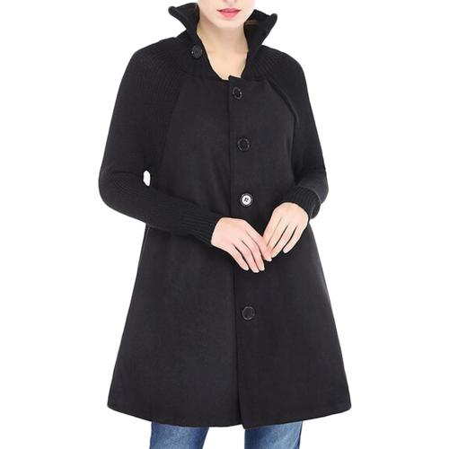 Size LASL Women's Overcoat Knit Stand Collar Solid Fitted Woolen Coat