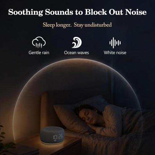 Buffbee Alarm Clock with Sound Machine for Bedrooms – 2-in-1 White Noise Machine for Sleep, Gentle Wake-Up with Soft Alarm Sounds, Ambient Night Light, Plug-in, Sleep Better, Wake Gently