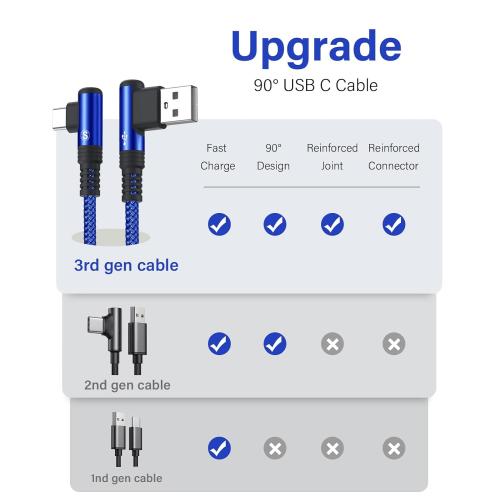 USB to USB C Cable 3.3ft 2-Pack 3.1A Fast Charging Right Angle CarPlay Cord