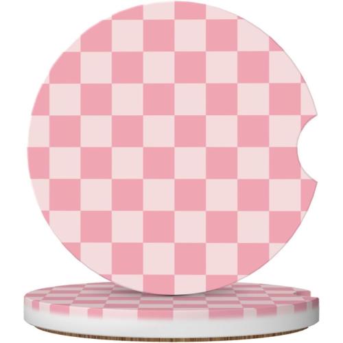 Pink Checkered Car Coasters for Cup Holders,2 Pack Car Cup Holder Coasters for Car,Ceramic Absorbent Car Coaster with A Finger Notch and Cork Base,Car Interior Accessories for Women Men