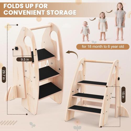Toddler Step Stool, Wooden Foldable 3-Step Stool for Kids, Potty Training Stool with Handles and Non-Slip Strips for Bathroom Sink, Kitchen, Bedroom