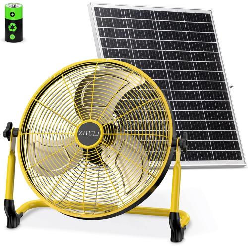 ZHULI 18 Solar Fan, Portable Battery Operated Floor Fan, Rechargeable Cordless Camping Fan, 40W Solar Panel, Hi-Velocity Brushless Motor, Metal blade, USB Phone Charge, 8~60H Runtime, Quiet, Wireless