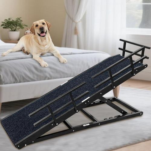 Dog Ramp for Bed - 65 Length, Supports up to 32 Height,Includes Non-Slip Replaceable Carpet, Safety Rails & Landing Platform,Adjustable & Foldable Pet Ramp for Large/Senior Dogs to Get on Bed-Black