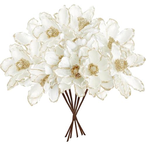 Sggvecsy 10Pcs Christmas Glitter Flowers Christmas Tree Ornaments Artificial Poinsettia Flower Velvet Magnolia Stems Floral Picks for Xmas Wedding DIY Crafts Wreath Party Floral Decorations (White)