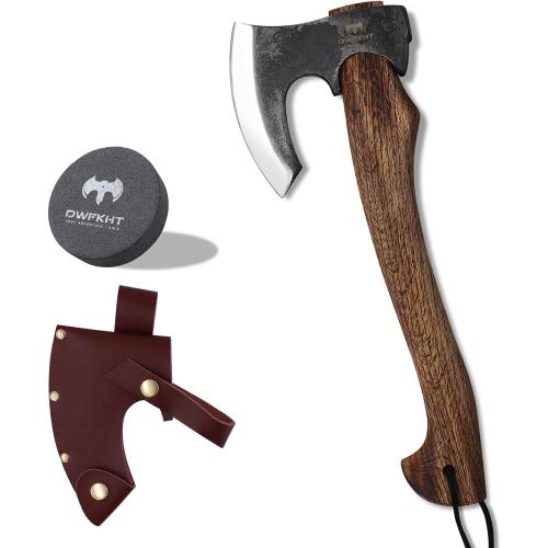 Hatchet, 15.7 Camping Axe with Leather Sheath, Bushcraft Axe with 1065 Carbon Steel & Beech Handle, Survival Hatchet for Wood Splitting and Chopping - Perfect for Gardening and Outdoor