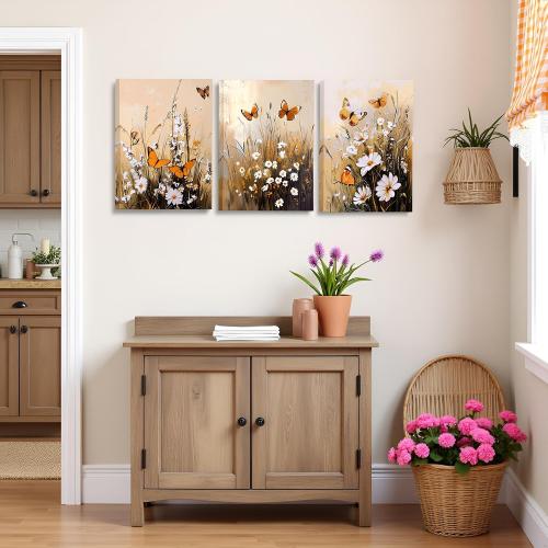 Fochorlo Butterfly Wall Art Flowers Wall Decor Orange Brown Pictures Prints Decoration for Bathroom Living Room Bedroom 12x16x3